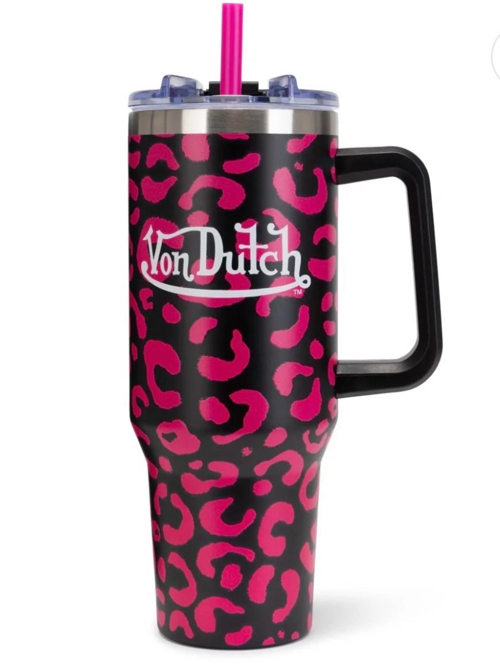 Von Dutch Black & Hot Pink Leopard Travel Mug with Handle